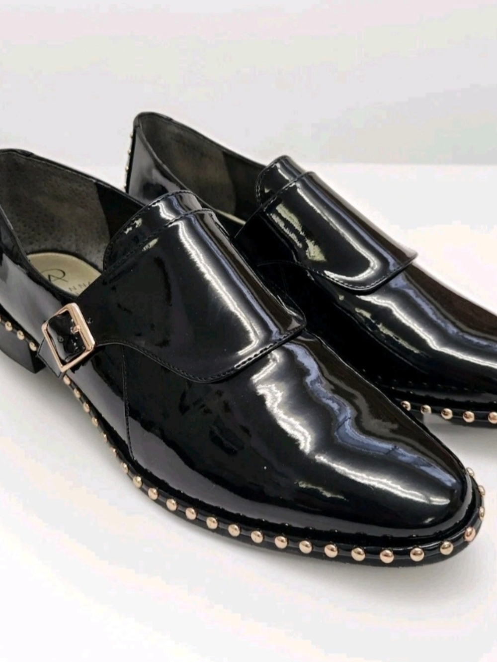 Adrianna Papell Women's Black Patent Leather Flats with Studded Trim, New